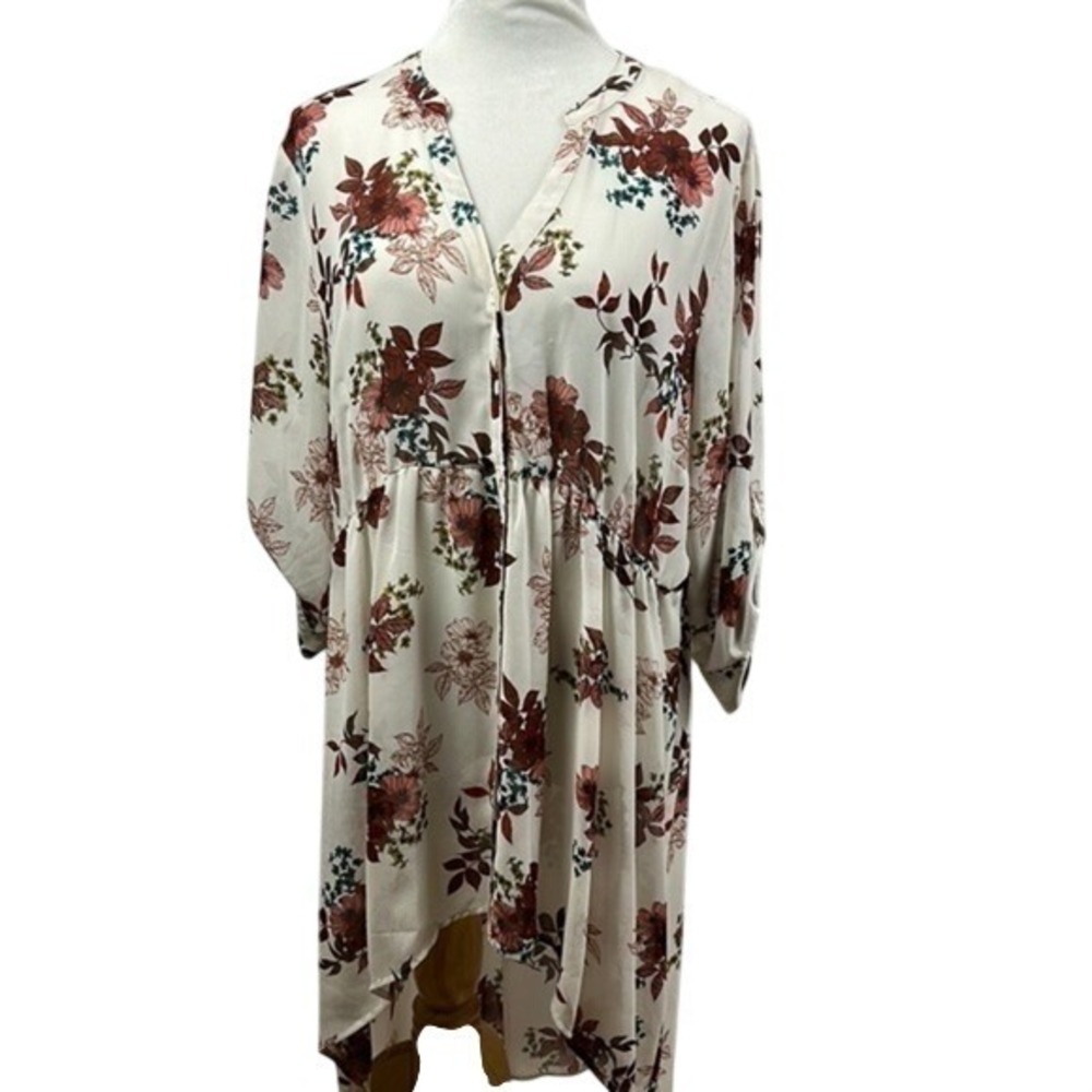 Torrid Floral Button Front Tunic Blouse 2‎ Cream Rust Teal High Low Roll Tab 3/4
